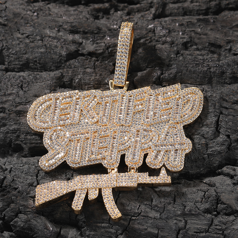 Hip Hop Full 5A Zircon Letters AK47 Gun Pendant Necklace Rap Jewelry Gold Plated