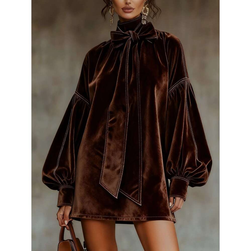 European American Women's Clothing Amazon Independent Station Autumn and Winter Velvet Retro Long Sleeve Bow Short Dress