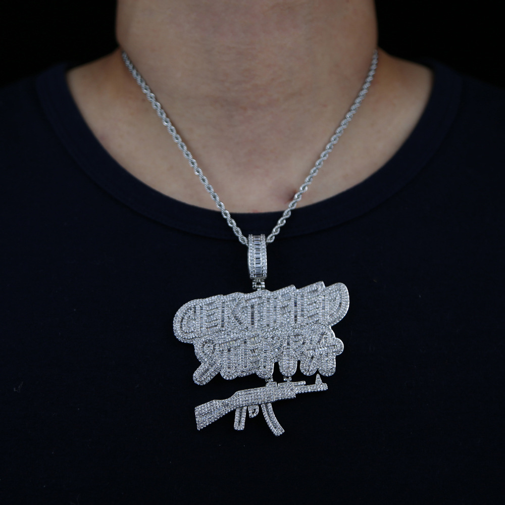Hip Hop Full 5A Zircon Letters AK47 Gun Pendant Necklace Rap Jewelry Gold Plated
