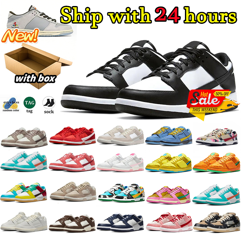 With Box Designer Running Shoes Low White Black Panda Gum Triple Pink Grey Fog Light Smoke Grey Bone UNC Outdoor Mens Womens Sports Skeleton Sneakers Trainers