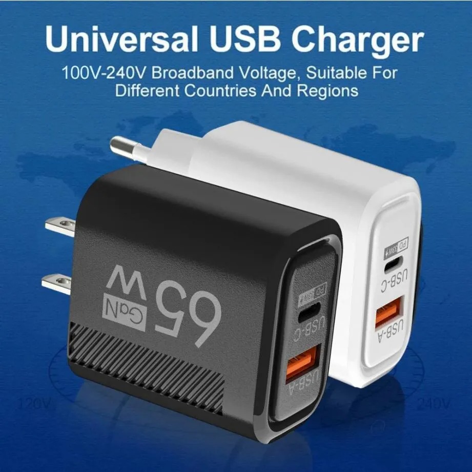 65W USB C Wall Charger Block Quick Charge 2 Ports PD 33W Type C Phone Fast Charging EU US Plug Travel Power Adapter For iPhone 16 15 14 13 12 11 Samsu