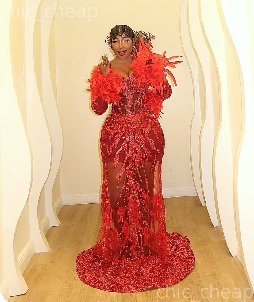 2026 Aso Ebi Red Sheath Prom Dresses Feather Sequined Full Sleeves Evening Formal Party Second Birthday Engagement Reception Gowns Dress For Special O