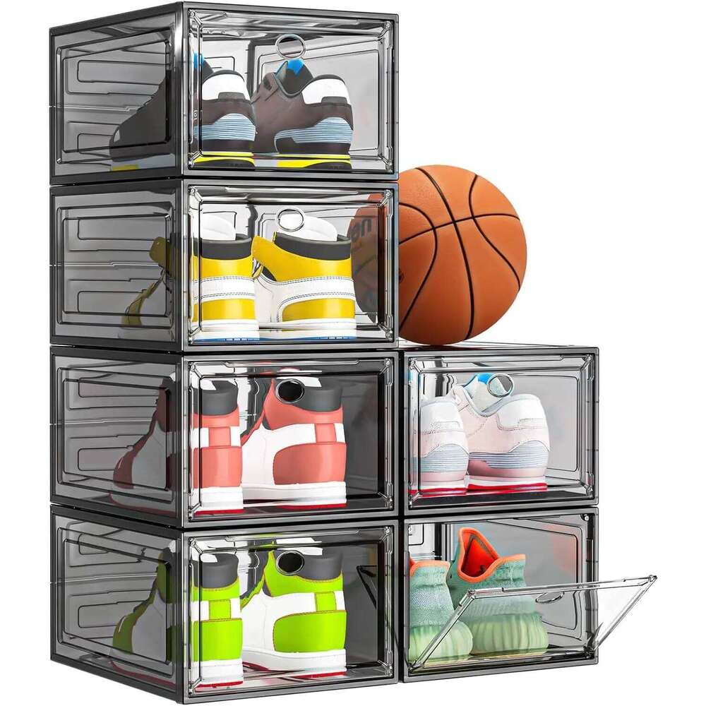 6 pcs Thicken & Sturdy Clear Storage Organizer with Magnetic Door, Foldable Shoe Rack for Sneaker Boot Container. 26T0108