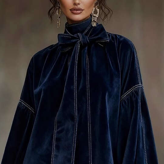 European American Women's Clothing Amazon Independent Station Autumn and Winter Velvet Retro Long Sleeve Bow Short Dress