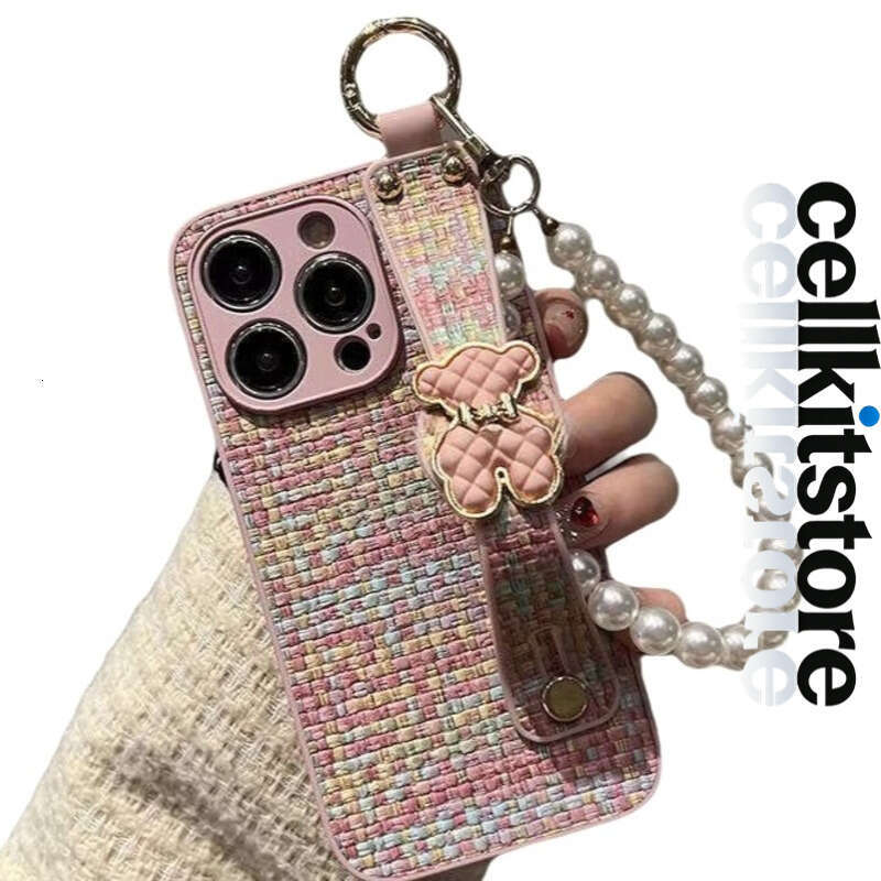 Phone Case For iPhone 17 Pro Max Autumn Winter Chanel Style Woven Leather Texture Bear for Apple 17 Phone Case 16 Wrist Strap Chain 15 Full Protection