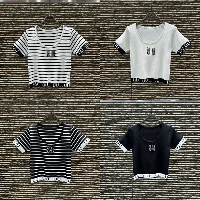 Designer Short Knitted Tee For Women U Neck Striped Letter T Shirt Summer Y2K Style Knitwear