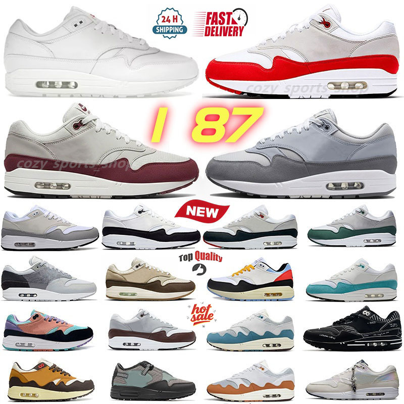 Top Quality Trainers 1 87 Men Women 87s running shoes Patta Aqua Black White Gray Sport Red Tennis Sports Shoe Noise Monarch Baroque Cave Stone Outdoor Sneakers