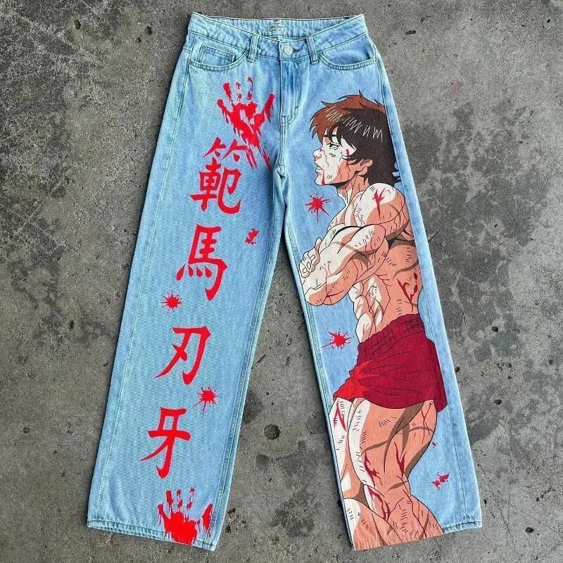 Men's Jeans Streetwear Jeans Y2K Japanese Harajuku Hip Hop Graphic Print Baggy Jeans Black Pants Mens Gothic High Waist Wide Leg Trousers For Men