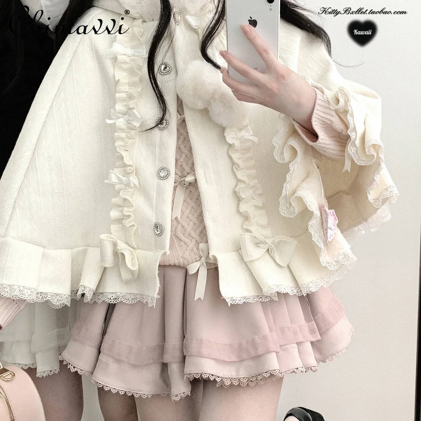 Bestseller Sweet Girl Kawaii Diamond Buckle Cape Jacket Autumn and Winter Japanese Mines Loose Cute Bow Hooded Velvet Small Shawl Coat ddmytues
