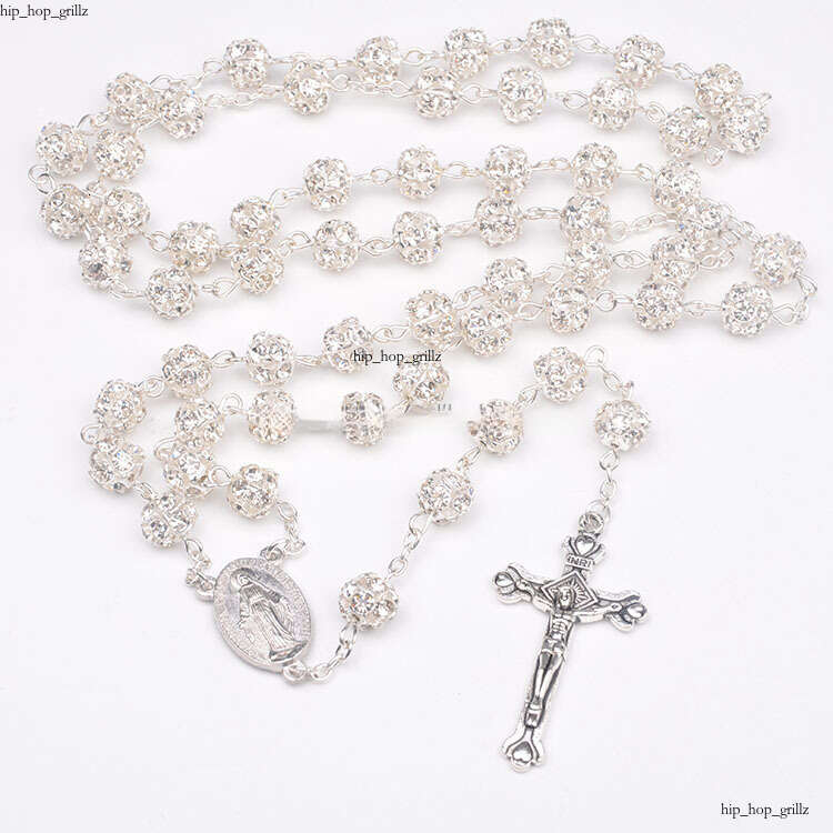 Zhuodian Religious White VVS Moissanite Crystal Ball Catholic Rosary Necklace with Antique Silver Miracle Medal
