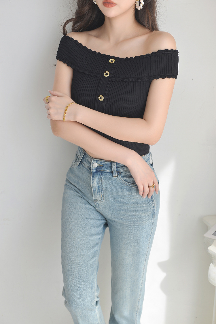 Short sleeved French elegant ruffled off shoulder knitted sweater top suitable for summer new slimming women 2026