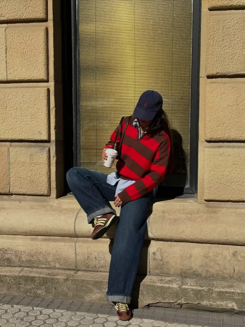 ETJ 2025 Autumn womens line street style fashion yellow wide stripe polo neck loose version of longsleeved sweater 260107