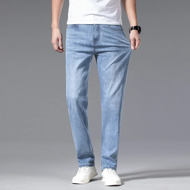 2024 Mens Autumn Straight Casual Jeans Light Blue Classic Breathable Comfortable No Ironing Stretch Denim Trousers Male 260107