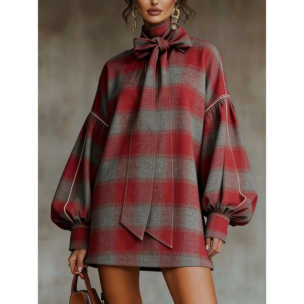 European American Women's Clothing Amazon Independent Station Autumn and Winter Velvet Retro Long Sleeve Bow Short Dress