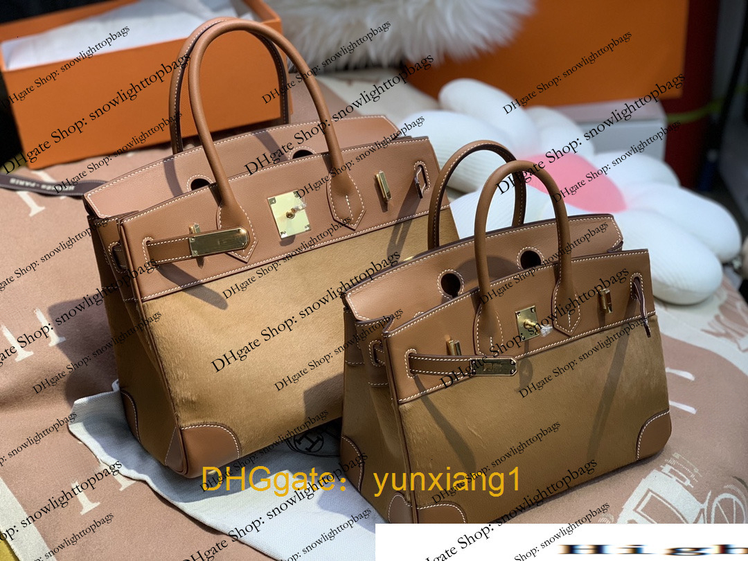 designer bags Designer Bag Fetal Cow Hair with Swift Leather Bk30 Women's Handheld Bag Fully Handsewn Gold Brown