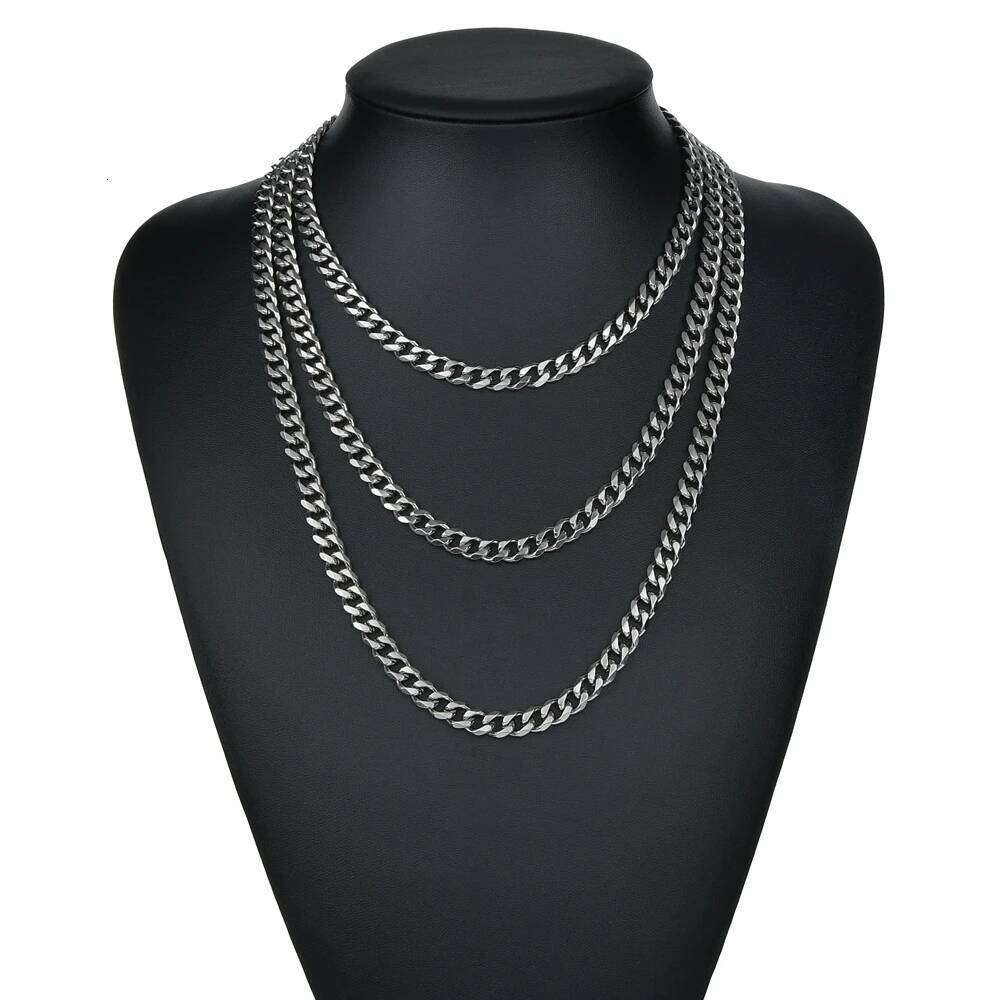 Freeteeme Hip Hop 3/5/7mm Wide Cuban Chains Necklace for Men Stainless Steel Basic Simple Punk Curb Chunky Link Choker Jewelry