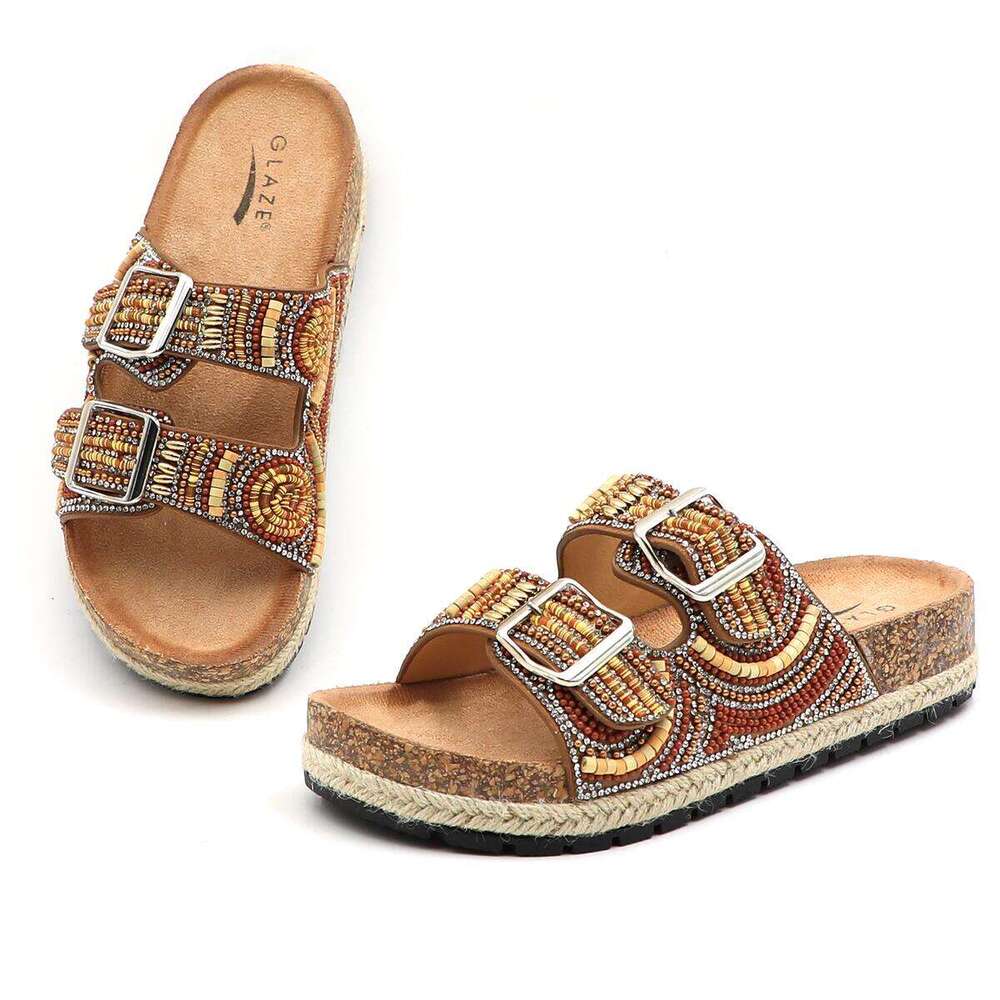 Lurnyet Women's Slide Sandals Buckle & Espadrille Design Shoes POWDER-03
