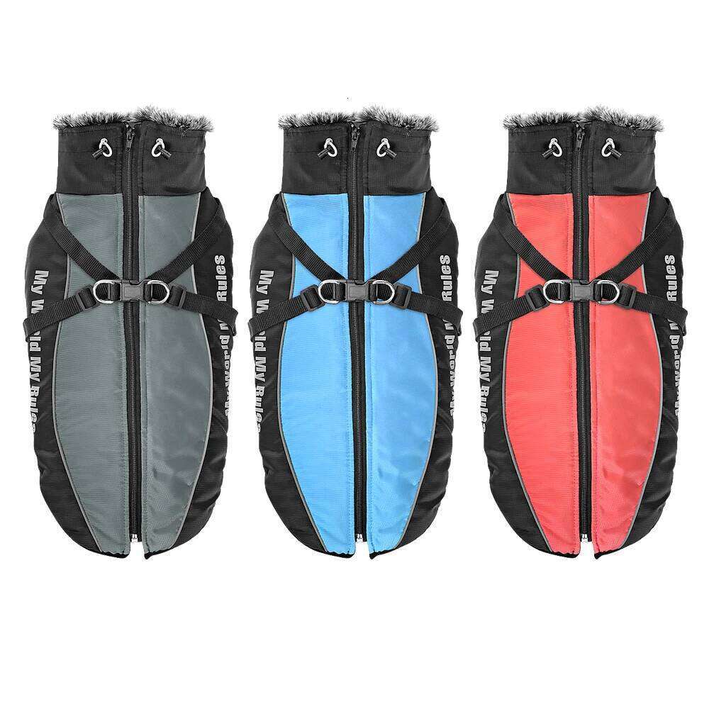 Winter Pet Clothes Reflective Dog Jacket Coat With Harness Rope Warm Fur High Collar Vest Waterproof Large Dogs Clothing XJ251225