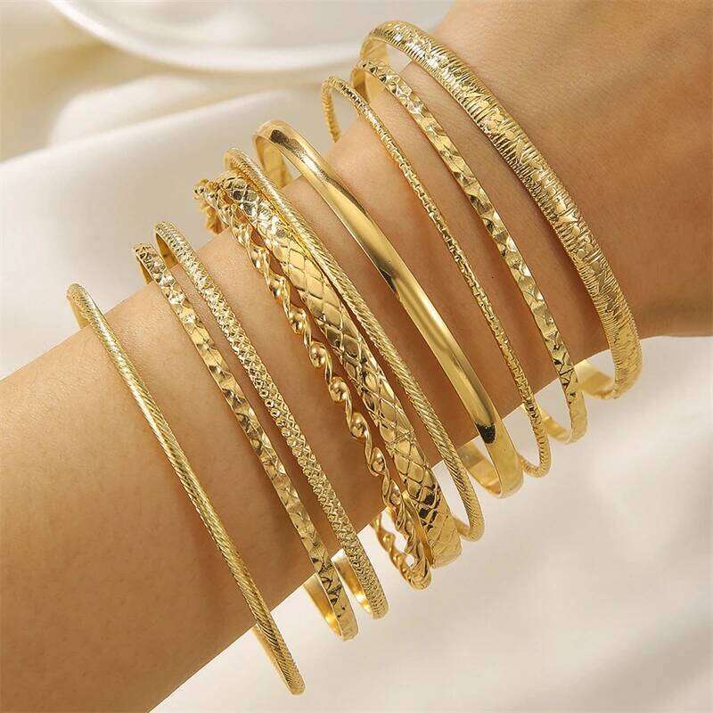 6-10pcs Multilayer Metal Bangles Set For Women Gold Color Hip Hop Punk Textured Stackable Bracelet Party Jewelry Accessories