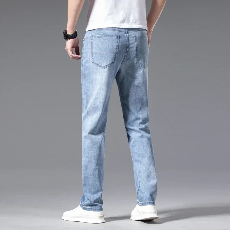 2024 Mens Autumn Straight Casual Jeans Light Blue Classic Breathable Comfortable No Ironing Stretch Denim Trousers Male 260107