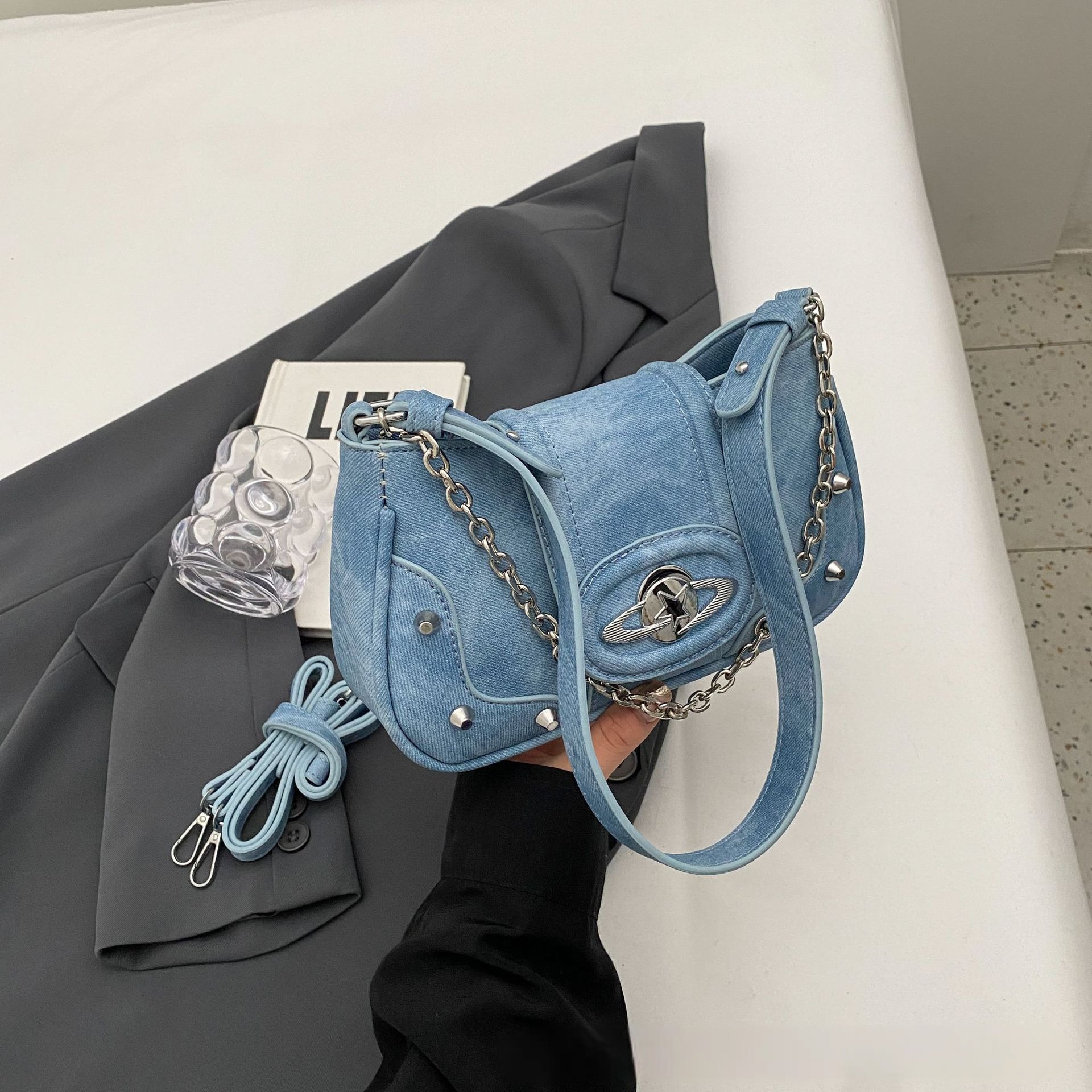 2026 Vintage Denim Square Bag, Multiway Crossbody Purse with Chain Strap, Convertible Underarm & Top Handle Bag