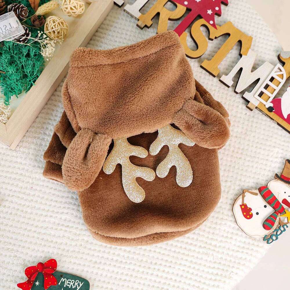 1Pc Pet Clothes Cute with Three-dimensional Elk Horn Cat Dog Christmas Clothing Autumn and Winter Fleece Hoodie XJ251225