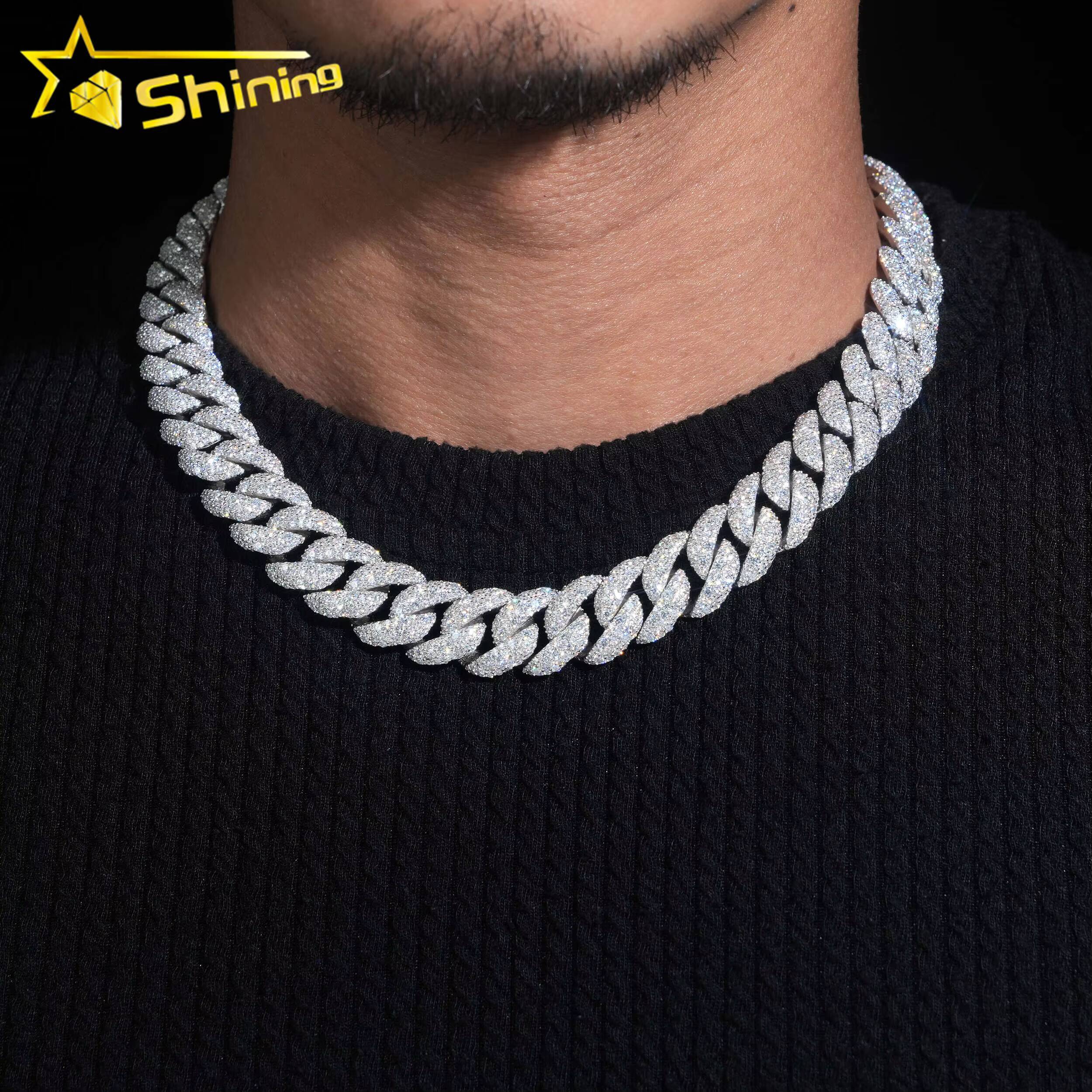 USA Warehouse Fast Shipping 15mm 925 Solid Silver Hip Hop Jewelry Iced Out Moissanite Diamond Mosaic Setting Cuban Link Chain
