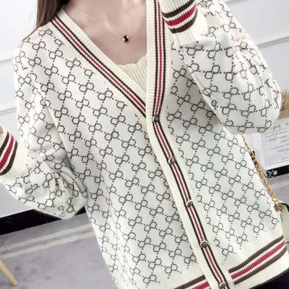 Women's Clothing Cardigan Sweater Autumn Geometric Loose Long Sleeve Designer Fashion Knit Casual Coat Lady Versatile V-Neck Tops