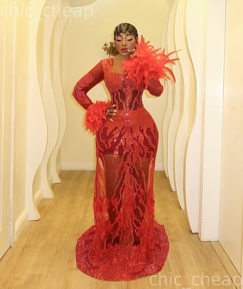 2026 Aso Ebi Red Sheath Prom Dresses Feather Sequined Full Sleeves Evening Formal Party Second Birthday Engagement Reception Gowns Dress For Special O