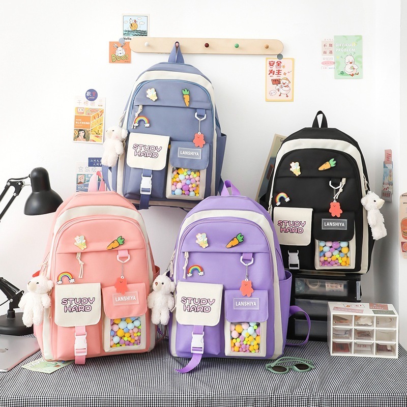 5pcs Cute Kawaii School Backpack for Girls Teenage Children Schoolbag Large Capacity Canvas Book Bag Women Travel Backpack Tote