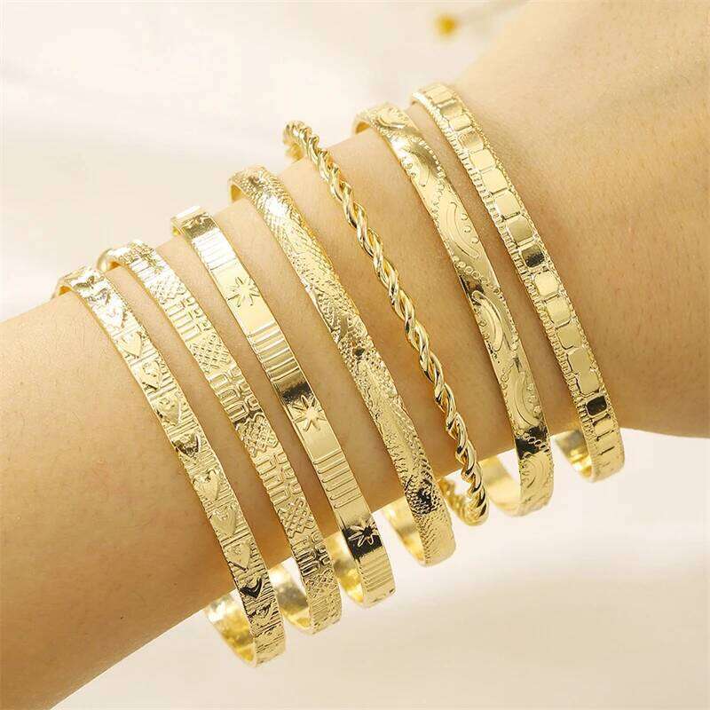 6-10pcs Multilayer Metal Bangles Set For Women Gold Color Hip Hop Punk Textured Stackable Bracelet Party Jewelry Accessories