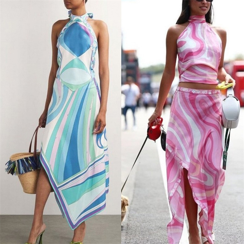 2 Pcs Designer Womens Two Piece Dress New Summer Sexy Positioning Printed Satin Strap Top And Skirts Set For Women