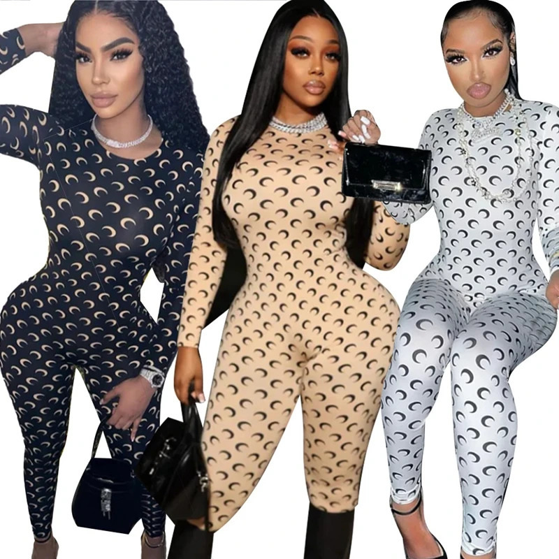 Retro Jumpsuit Women Sexy Slim Fit Moon Print Long Sleeve Tight Leggings Round Neck Versatile Casual Wear Autumn Fashion260107