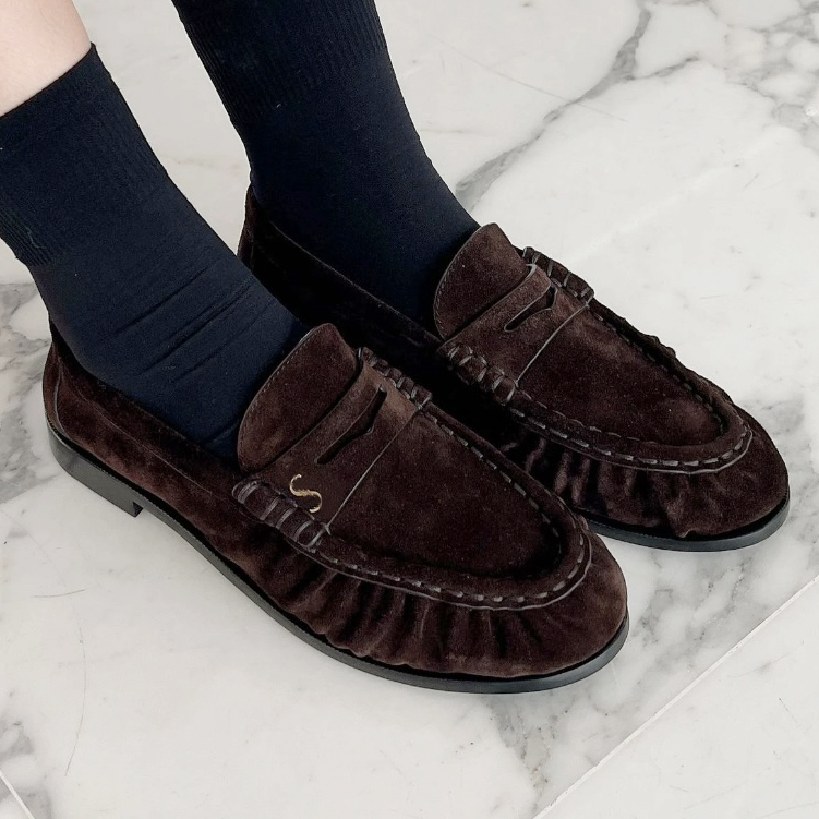 Designers Loafers Men And Women Dress Shoes Retro Pleated Micro Suded Chunky Heel Round Toes Genuine Leather Slip-On Casual shoes 35-45 With Box