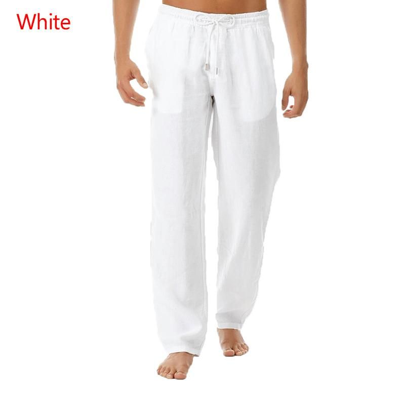 Men Casual Pants Summer Cotton Linen Trousers Men's Elastic Waist Straight Natural Breathable Loose White Black Female