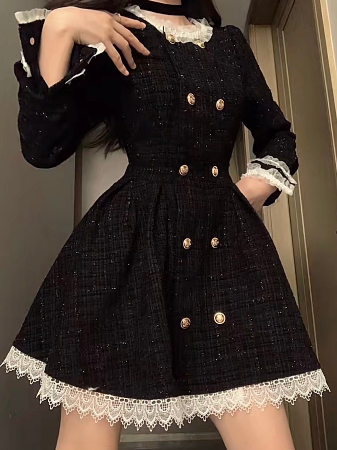 Urban Sexy Mini Fashion Trend Winter New Korean-style Stylish Slim-fitting Thick Lace-trimmed High-end Elegant Dress Short Skirt For Women