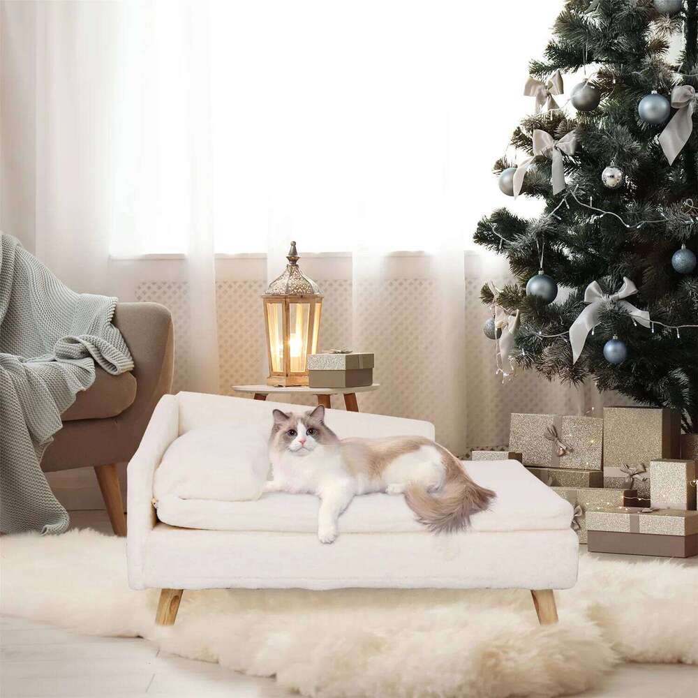 Elevated Bed,Nordic Pet Stool Cozy Pad Waterproof,Pet Sofa Bed with Sturdy Wood Legs for Small Dog Kitten 26N0109