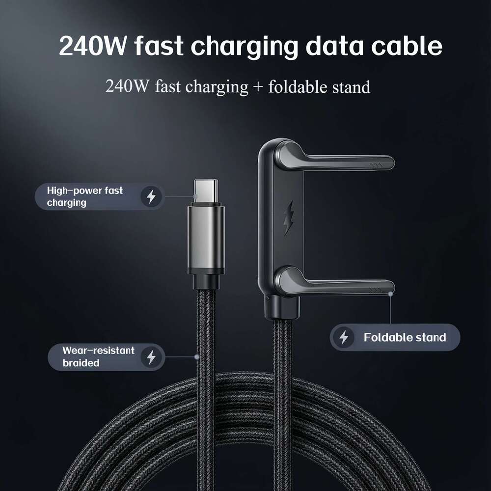 2-In-1 Invisible Charging Cable | 240W Fast Charging, Built-In Foldable Phone Type-C Interface, 5-Foot Long, Suitable For Smartphones/Tablets, Adjusta