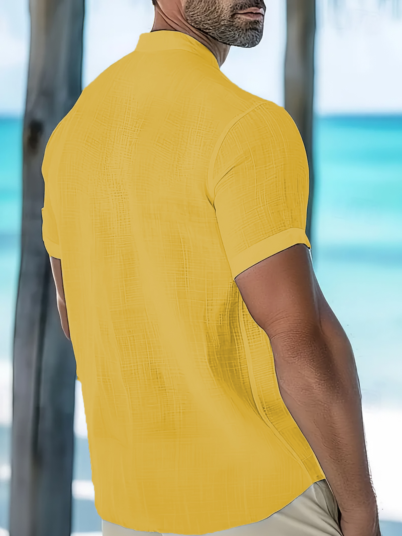 Men's Short-Sleeve Mandarin Collar Shirt - Casual Button-Front Linen-Blend Top with Pocket Wholesale