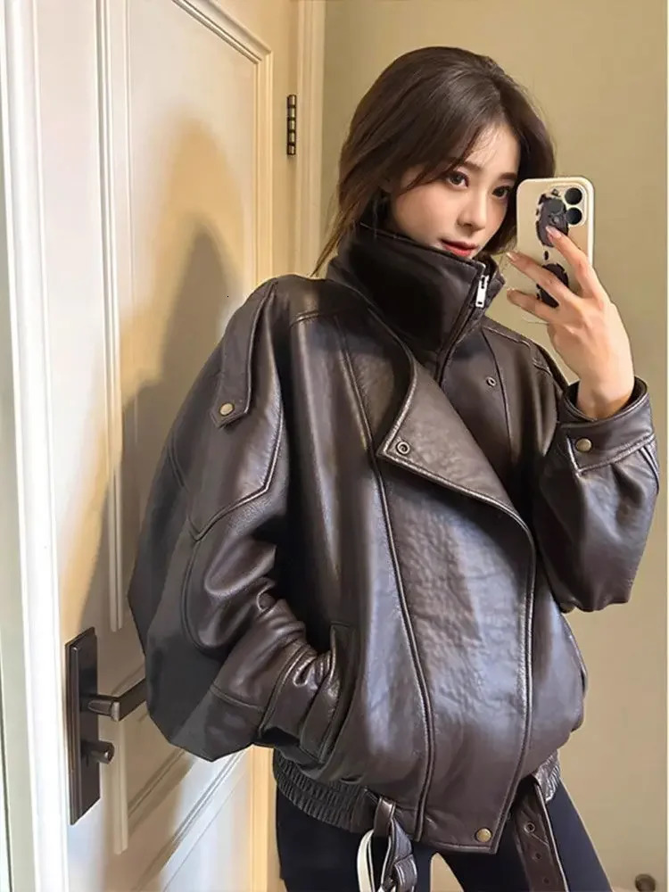 Womens Oversize Lamb Skin Leather Jacket Loose Motorcycle Style Early Autumn Outerwear Simple n High End 251225 - view 5