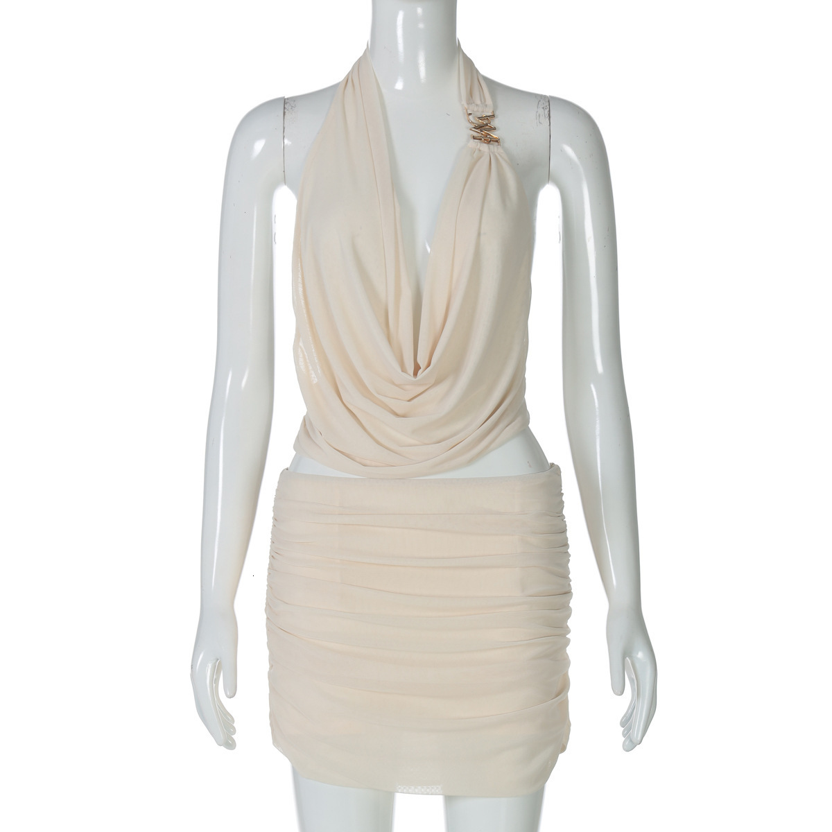 Street Style Sexy Hollow Deep V Patchwork Mesh Top Slim Fit See-through Bodycon Short Skirt Set Party Club Streetwear 241230