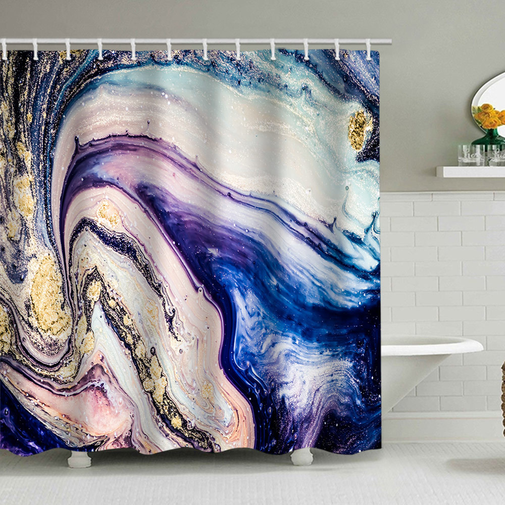 YL-38122 Marble Pattern Shower Curtain, Abstract Geometric Texture, Polyester Waterproof Shower Curtain Set with Hooks