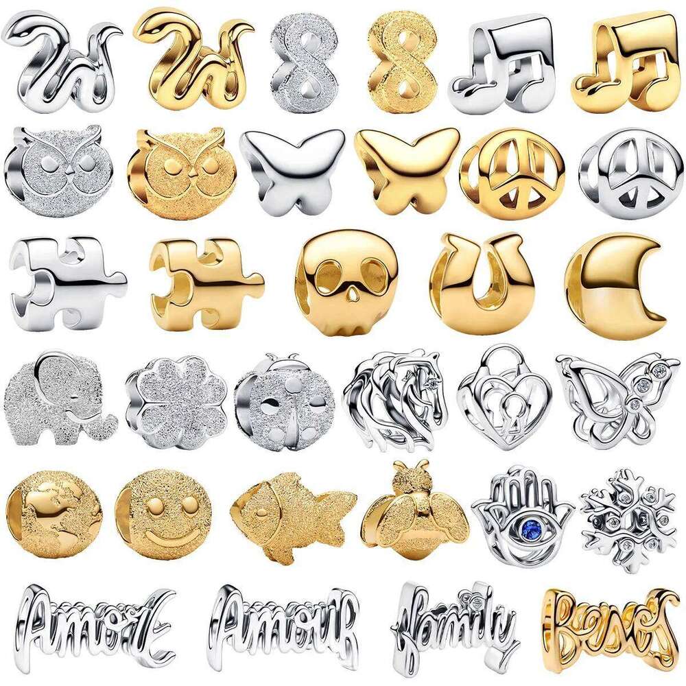 New 925 Sterling Silver Golden Round Charms Moon Snake Heart Butterfly Owl Beads Bracelets Necklaces Womens DIY Jewelry Gift