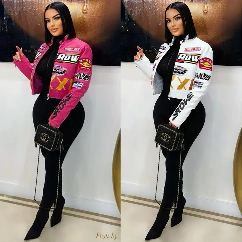 Winter Leather PU Jackets Women Crop Varsity Baseball Coats Y2K Streetwear 2025 Fall Letter Print Cyber Racer Jackets Coats 251230