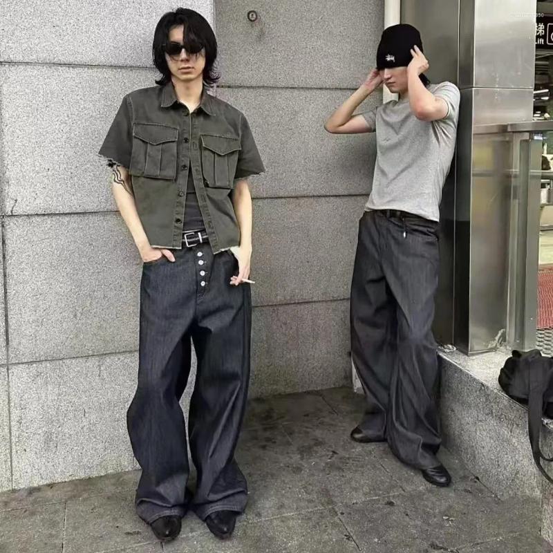 Men's Jeans MWJLPWQ Button Design Machete Denim Baggy High Street Edge Selvedge Niched Hiphop Loose Long Wide Leg Pants 12377