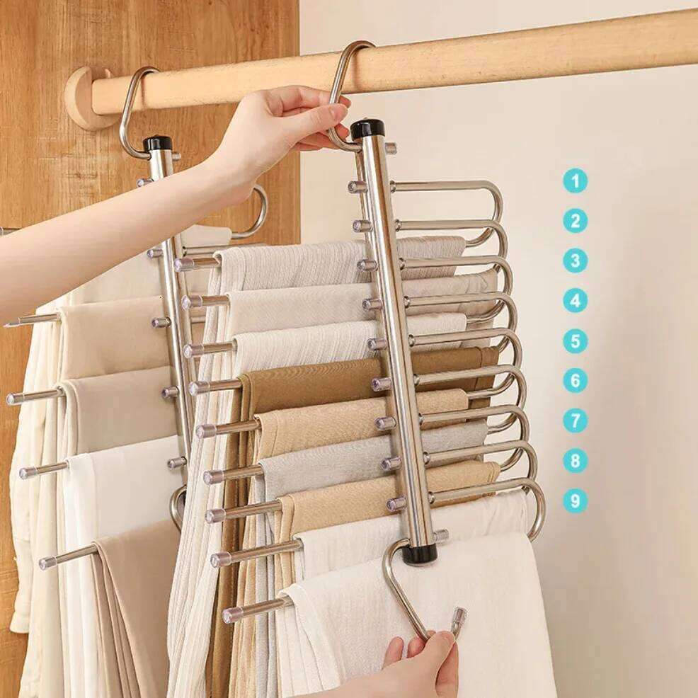 1/2pcs Folding Magic Pants Hangers,5/9Layer Stainless Steel Space Saving Clothes Rack,Jeans Trousers Scarf Organizers for Closet 26T0109
