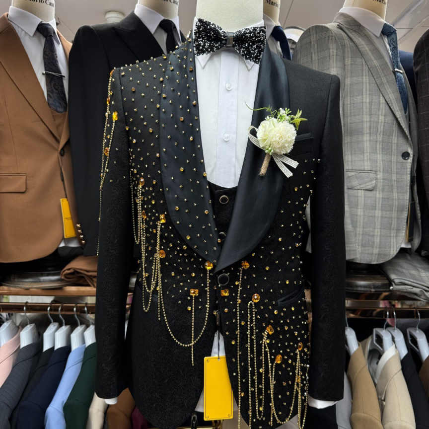 Glitter Beaded Crystals Suits Men For Wedding Single Breasted Prom Groom Tuxedos Customized 3 Pieces Man Banquet Party Outfits