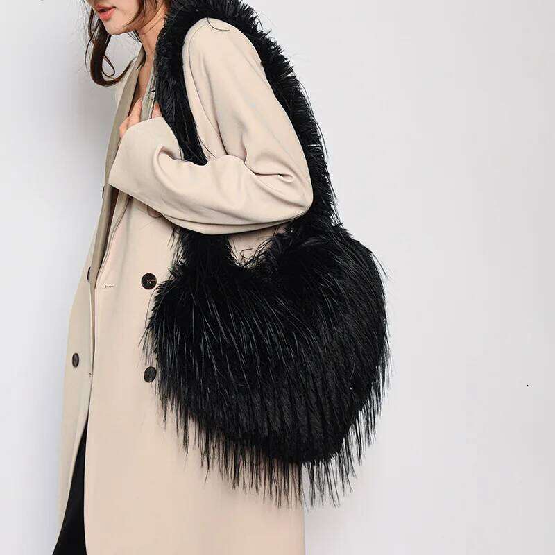Ins Style Oversized Heart Bag - Faux Raccoon Fur Fluffy Shoulder Bag, 2024 Fall Winter Fashion Must-Have Crossbody Purse XJ260109