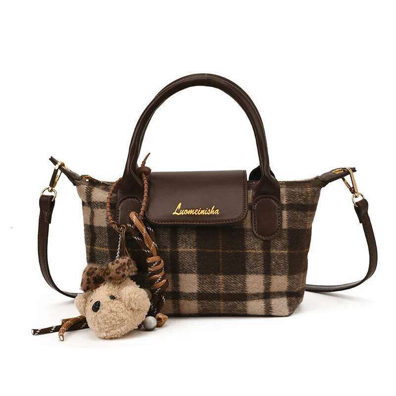 Retro Plaid Handheld Dumpling Women New Cute Casual Versatile Autumn and Winter Woolen Single Shoulder Messenger Bag XJ260109