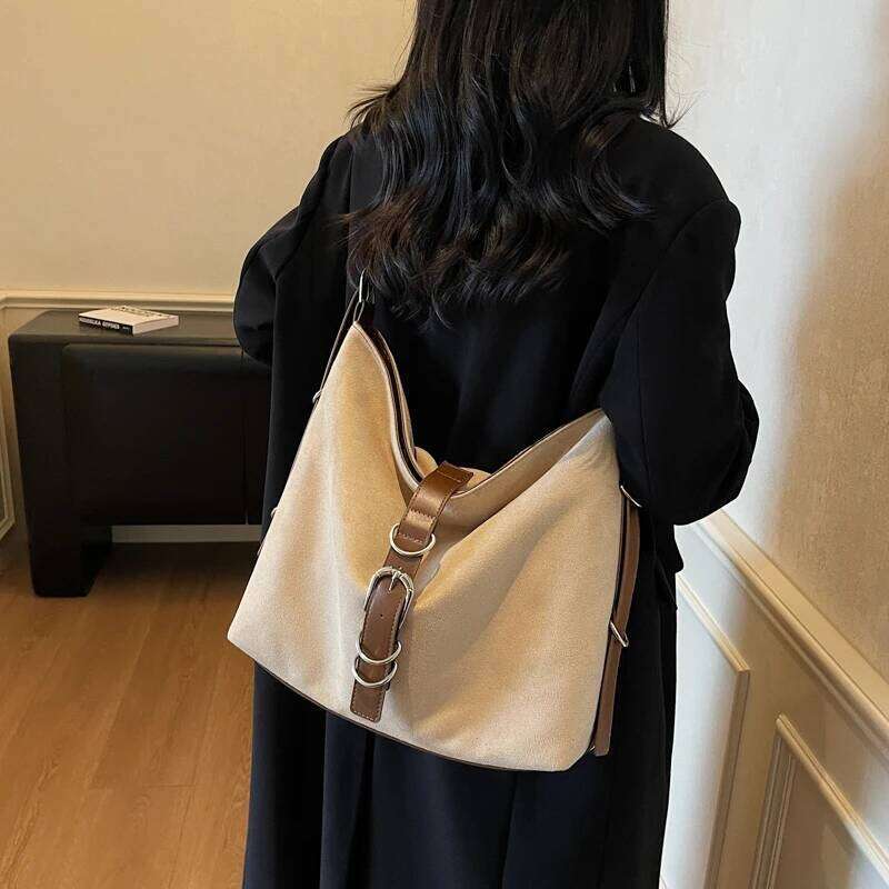 Women Autumn Winter Suede Shoulder Lady Adjustable Strap Crossbody Bag Large Capacity Zipper Square Handbag for Work Travel XJ260109